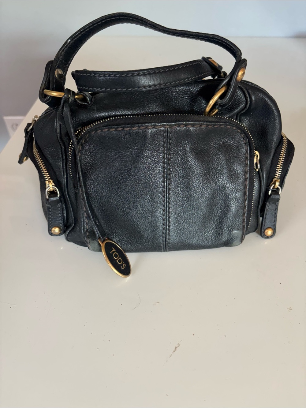 TOD'S Black Leather Mini Satchel with Gold Accents